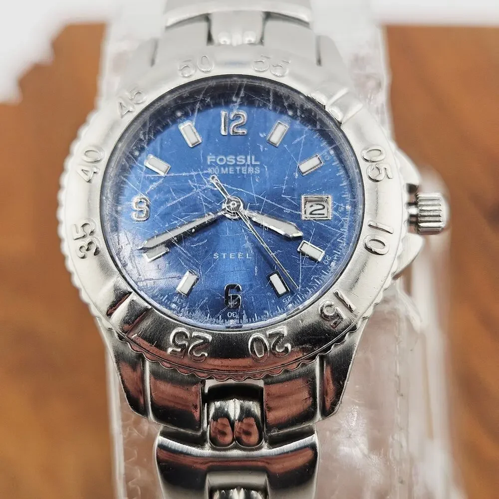Fossil Watch Silver Tone Boyfriend Style Blue Date Dial Stainless Steel FS-2596